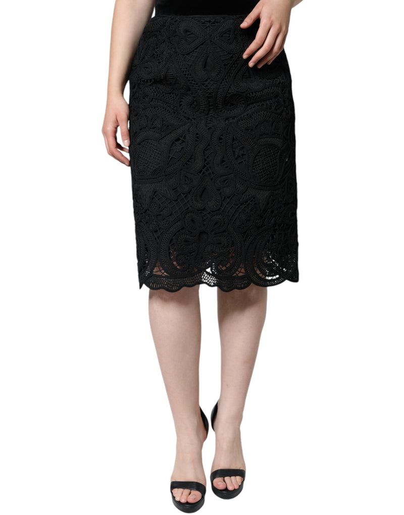 Black Floral Lace High Waist Pencil Cut Skirt Dolce & Gabbana