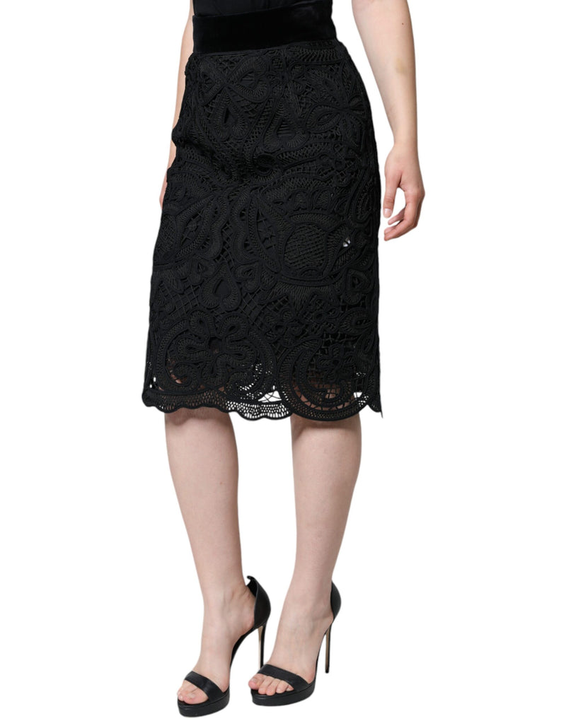 Black Floral Lace High Waist Pencil Cut Skirt Dolce & Gabbana