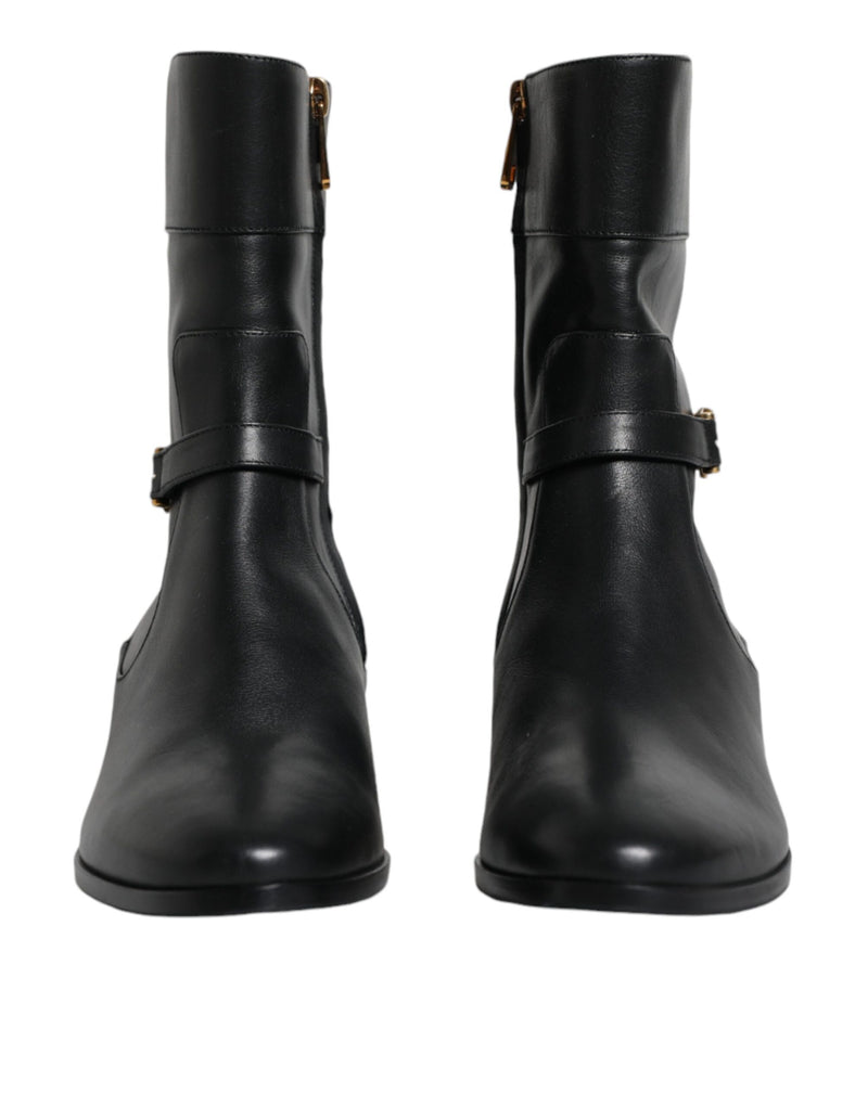 Black Leather Logo Mid Calf Boots Shoes Dolce & Gabbana