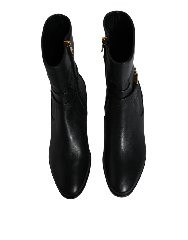 Black Leather Logo Mid Calf Boots Shoes Dolce & Gabbana