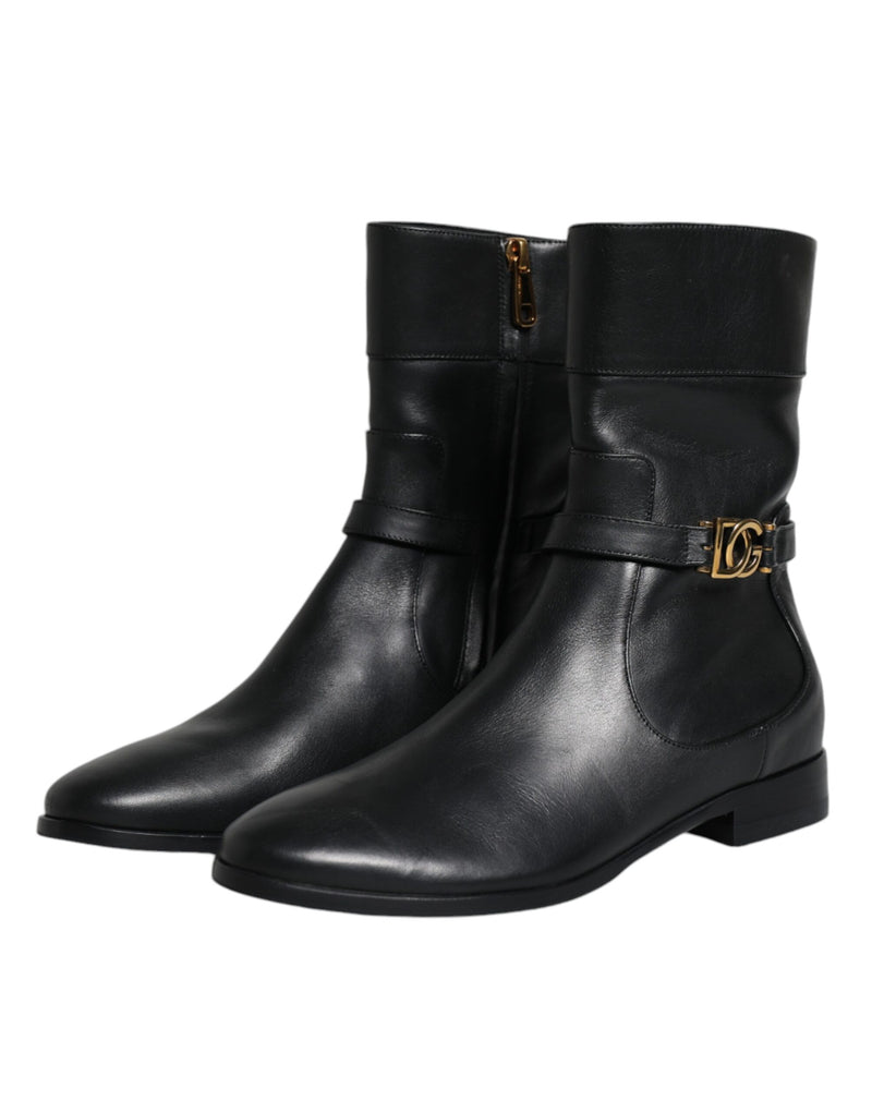 Black Leather Logo Mid Calf Boots Shoes Dolce & Gabbana