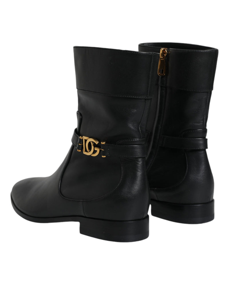 Black Leather Logo Mid Calf Boots Shoes Dolce & Gabbana