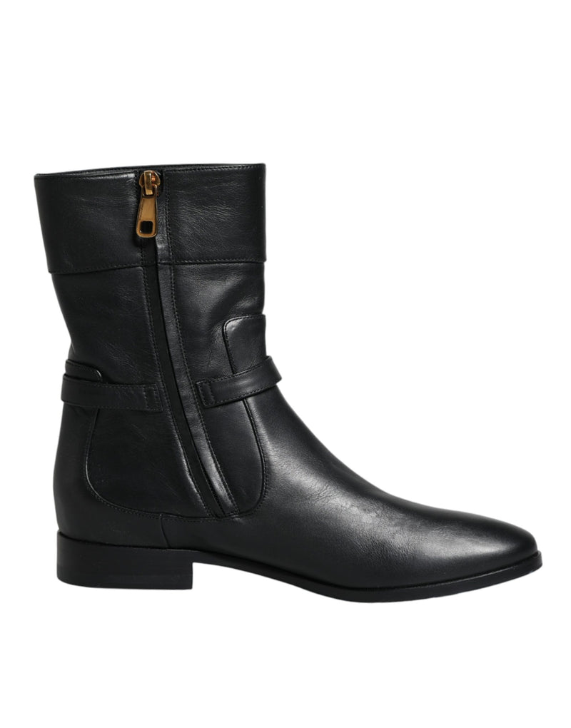 Black Leather Logo Mid Calf Boots Shoes Dolce & Gabbana