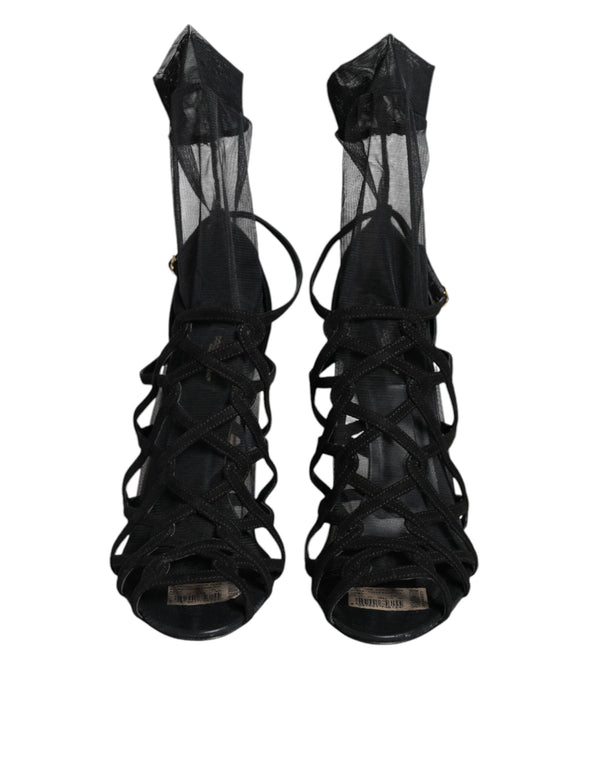 Black Tulle Stretch Heels Sandals Shoes Dolce & Gabbana