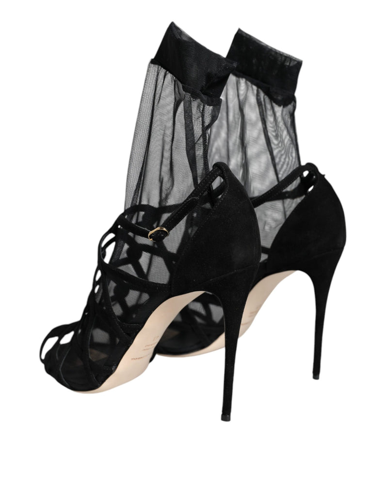 Black Tulle Stretch Heels Sandals Shoes Dolce & Gabbana