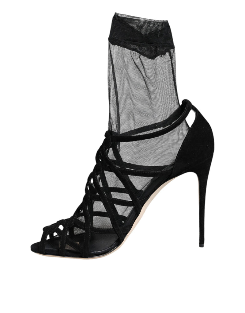 Black Tulle Stretch Heels Sandals Shoes Dolce & Gabbana