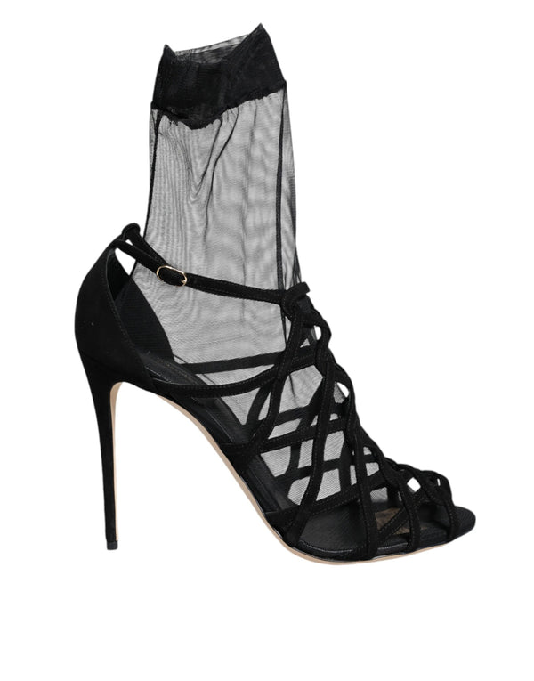 Black Tulle Stretch Heels Sandals Shoes Dolce & Gabbana