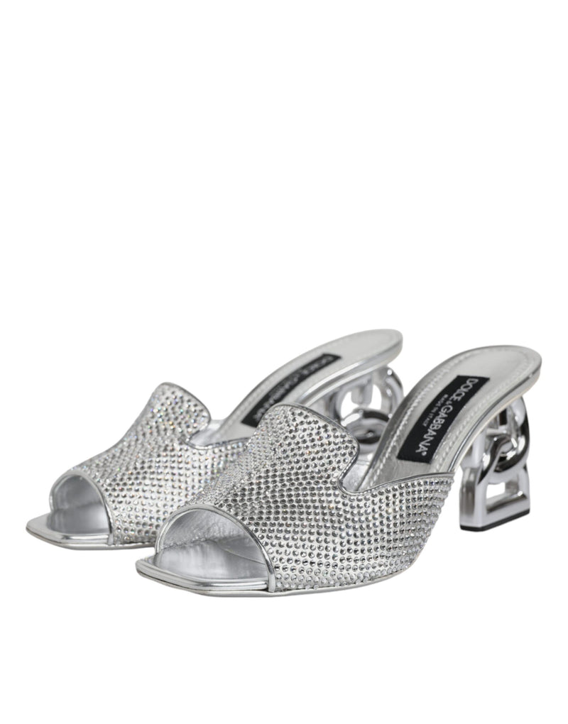 Silver Viscose Logo Heels Slide Sandals Shoes Dolce & Gabbana