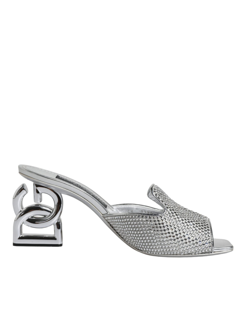 Silver Viscose Logo Heels Slide Sandals Shoes Dolce & Gabbana