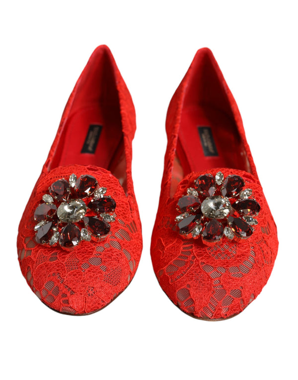 Red Lace Crystal Ballet Flats Loafers Shoes Dolce & Gabbana