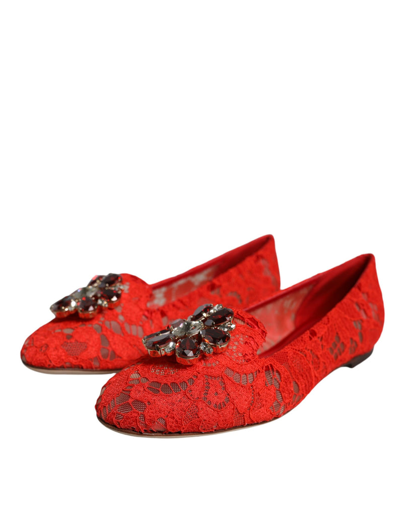 Red Lace Crystal Ballet Flats Loafers Shoes Dolce & Gabbana