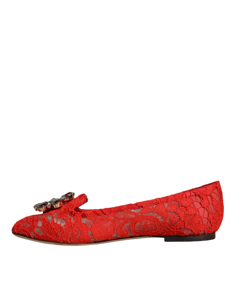 Red Lace Crystal Ballet Flats Loafers Shoes Dolce & Gabbana