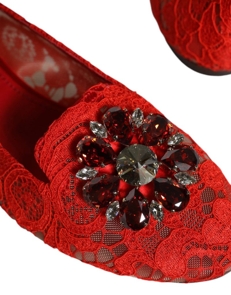 Red Lace Crystal Ballet Flats Loafers Shoes Dolce & Gabbana