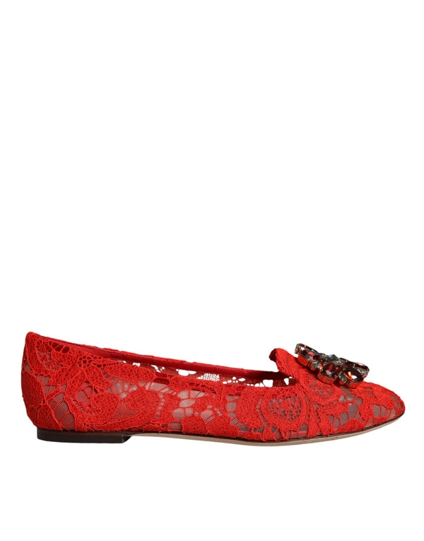 Red Lace Crystal Ballet Flats Loafers Shoes Dolce & Gabbana