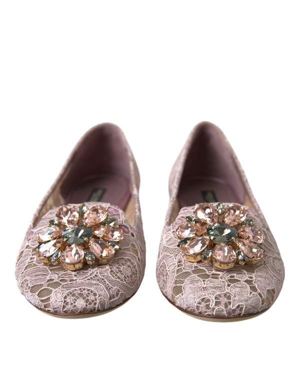 Pink Lace Crystal Ballet Flats Loafers Shoes Dolce & Gabbana