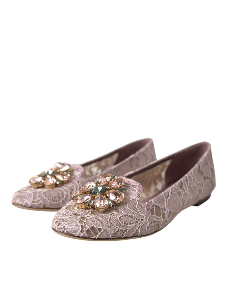 Pink Lace Crystal Ballet Flats Loafers Shoes Dolce & Gabbana