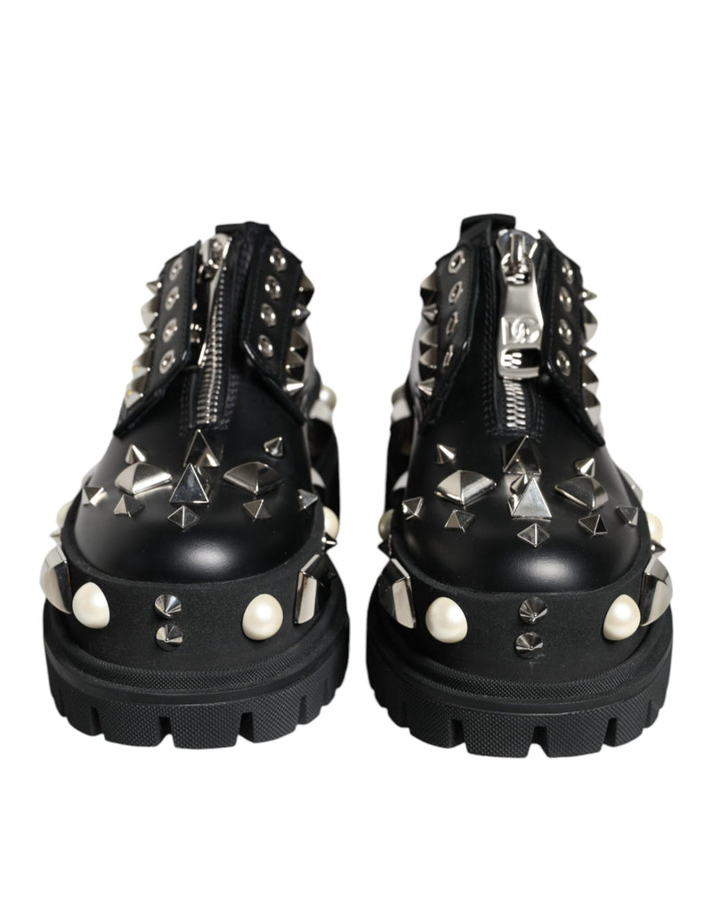 Black Leather Embellished Derby Formal Shoes Dolce & Gabbana