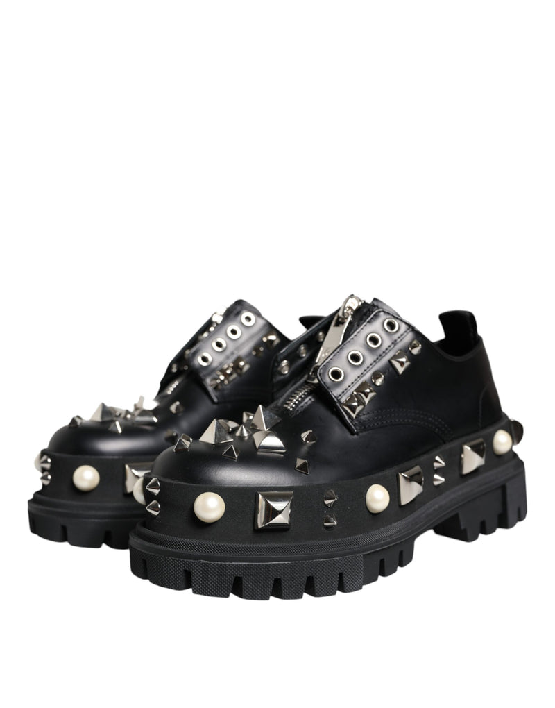 Black Leather Embellished Derby Formal Shoes Dolce & Gabbana