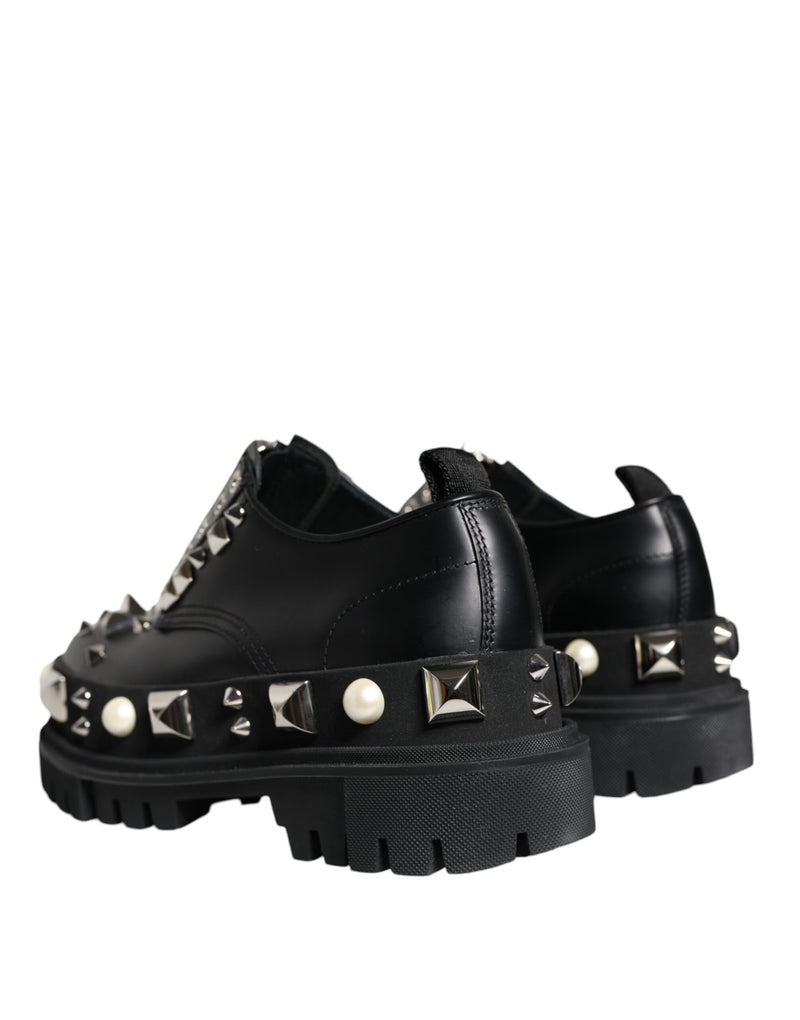 Black Leather Embellished Derby Formal Shoes Dolce & Gabbana