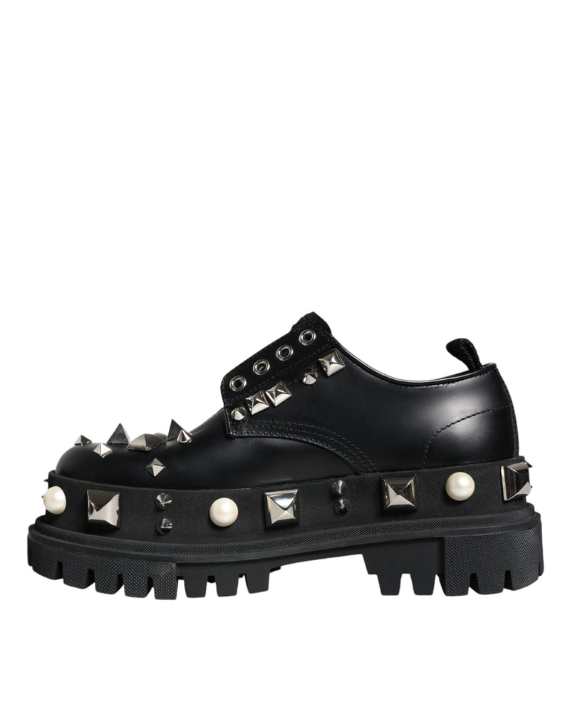 Black Leather Embellished Derby Formal Shoes Dolce & Gabbana