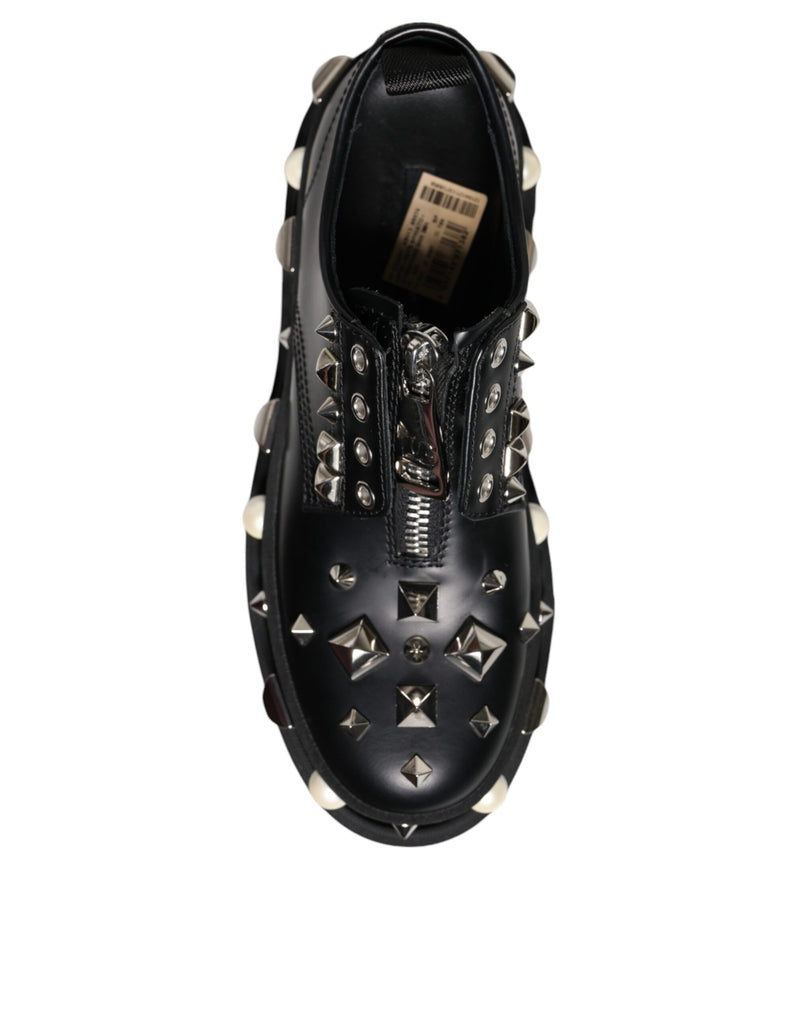 Black Leather Embellished Derby Formal Shoes Dolce & Gabbana