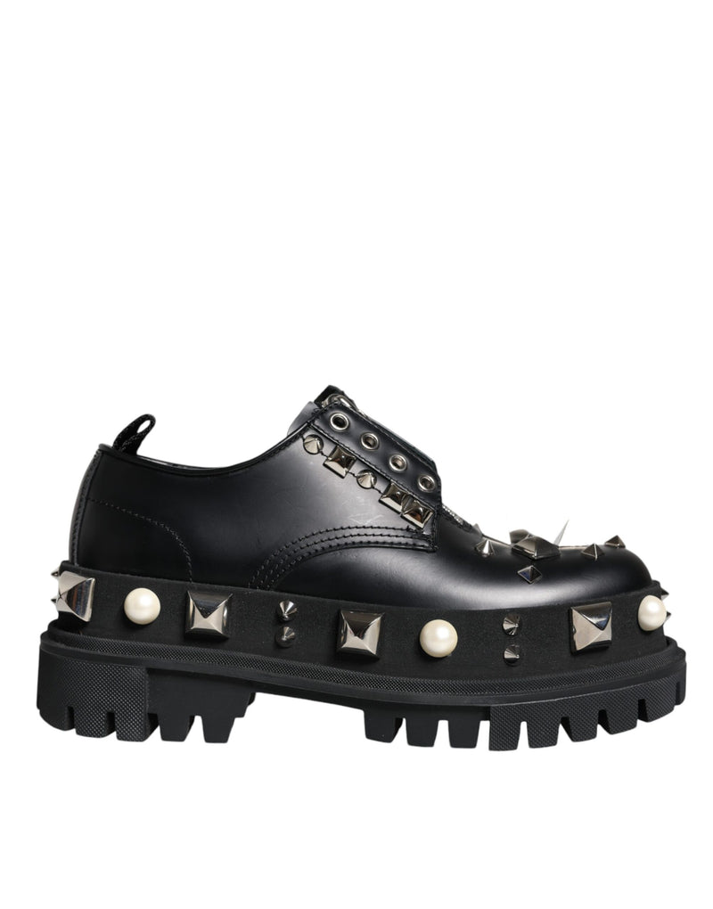 Black Leather Embellished Derby Formal Shoes Dolce & Gabbana