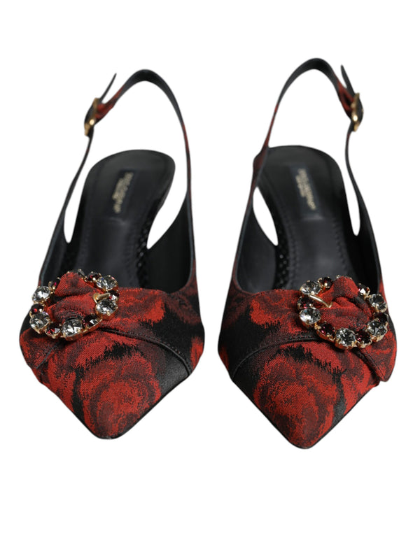 Black Red Floral Crystal Heel Slingback Shoes Dolce & Gabbana