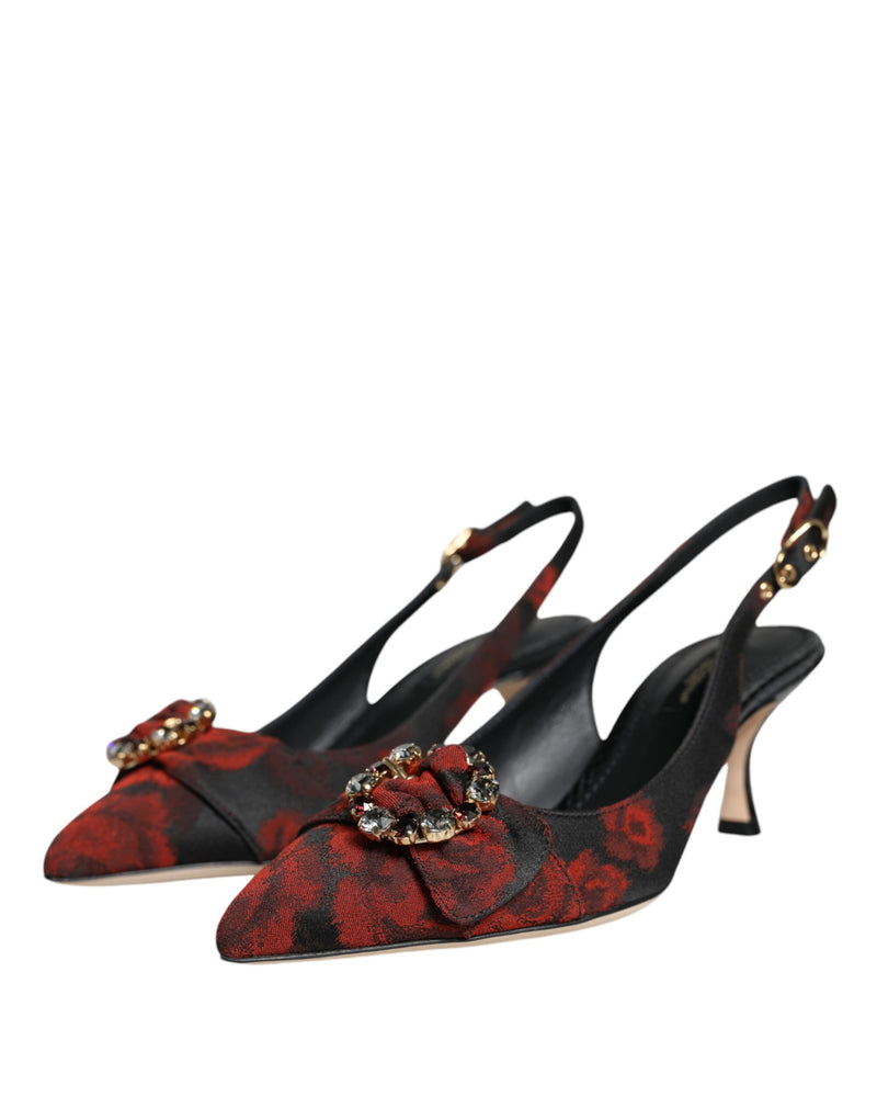 Black Red Floral Crystal Heel Slingback Shoes Dolce & Gabbana