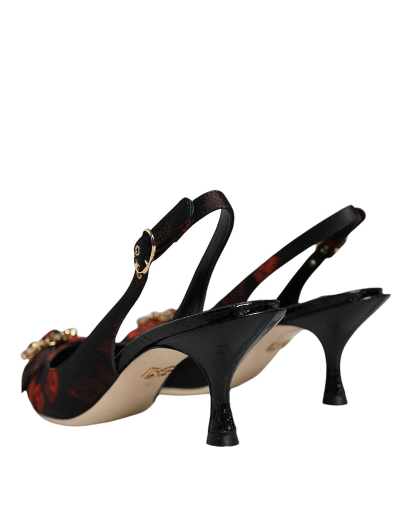 Black Red Floral Crystal Heel Slingback Shoes Dolce & Gabbana