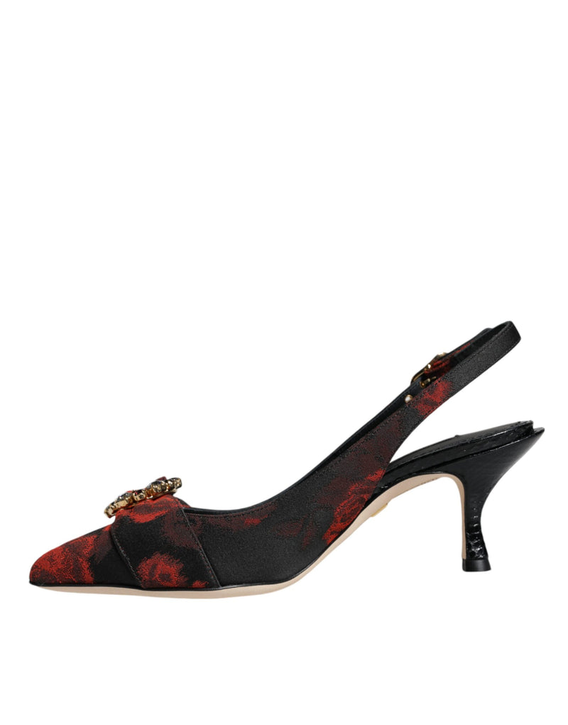 Black Red Floral Crystal Heel Slingback Shoes Dolce & Gabbana