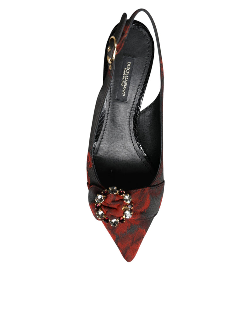 Black Red Floral Crystal Heel Slingback Shoes Dolce & Gabbana