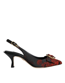 Black Red Floral Crystal Heel Slingback Shoes Dolce & Gabbana