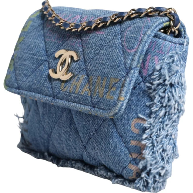 Denim Mood Flap Micro Logo Printed Fringed Shoulder Bag Chanel