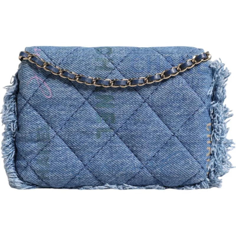 Denim Mood Flap Micro Logo Printed Fringed Shoulder Bag Chanel