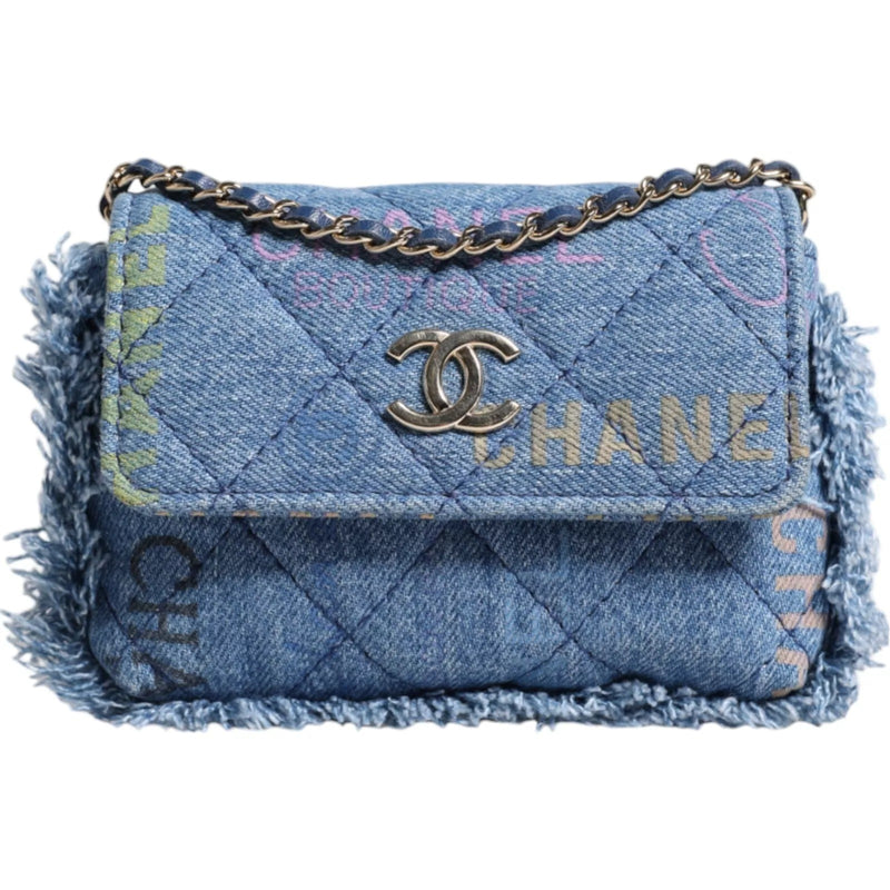 Denim Mood Flap Micro Logo Printed Fringed Shoulder Bag Chanel