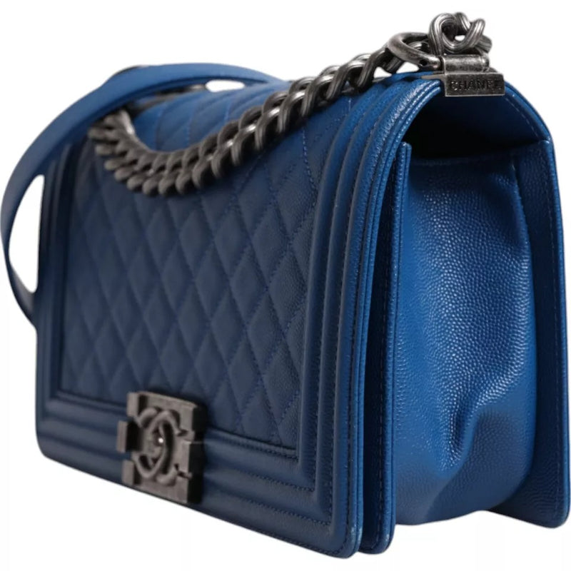 Blue Lambskin Double Chain Leather Medium Shoulder Bag Chanel