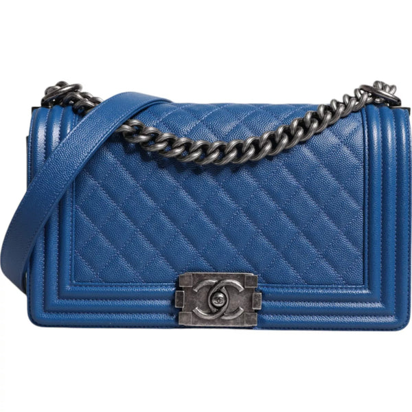 Blue Lambskin Double Chain Leather Medium Shoulder Bag Chanel