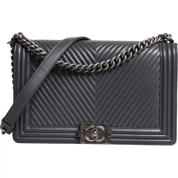 Gray Large Lambskin Chevron Double Chain Shoulder Silver Leather Bag Chanel