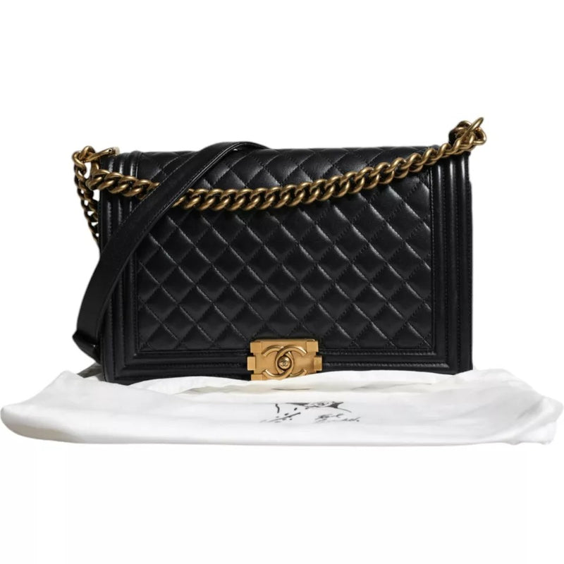 Black Large Lambskin Double Chain Gold Leather Shoulder Bag Chanel