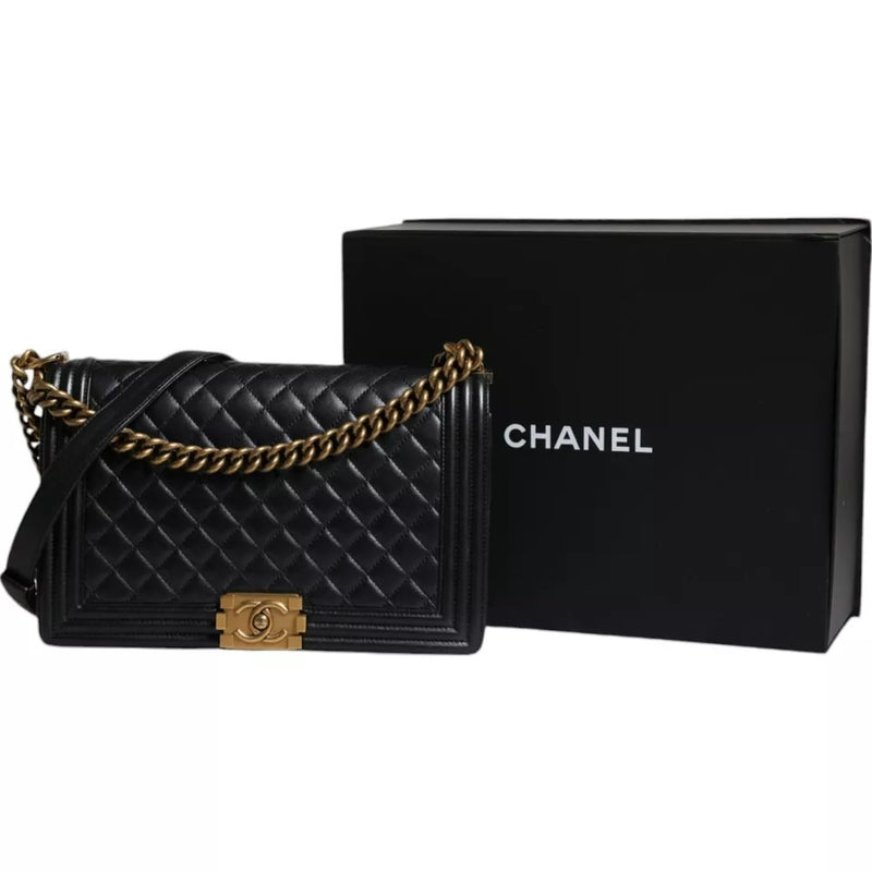 Black Large Lambskin Double Chain Gold Leather Shoulder Bag Chanel