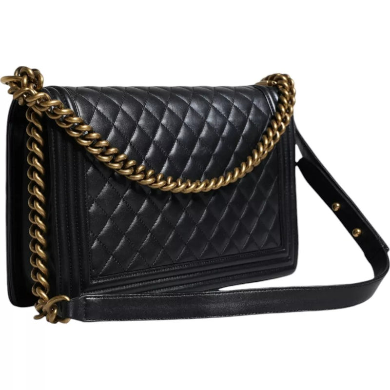 Black Large Lambskin Double Chain Gold Leather Shoulder Bag Chanel