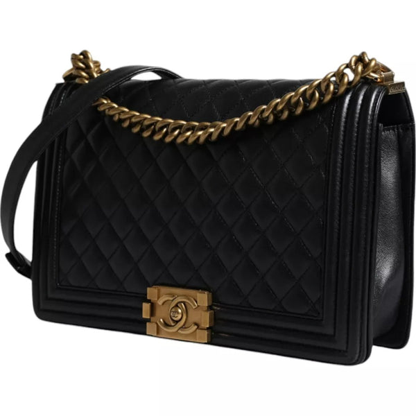 Black Large Lambskin Double Chain Gold Leather Shoulder Bag Chanel