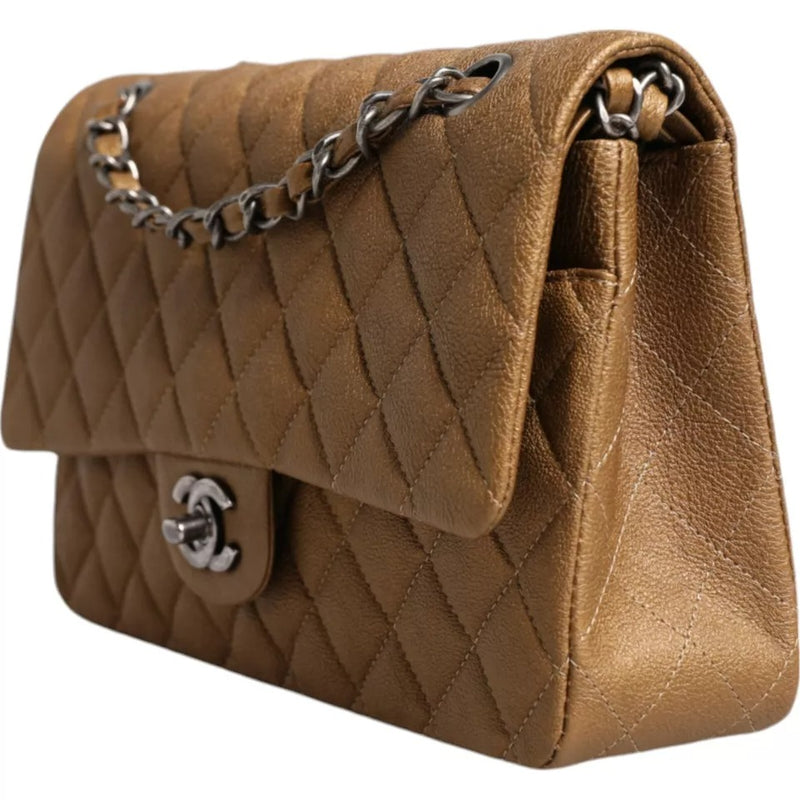 Dark Gold Medium Classic Double Flap Ruthenium Shoulder Bag Chanel