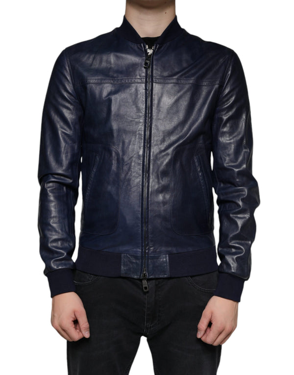 Blue Lambskin Leather Full Zip Biker Jacket Dolce & Gabbana