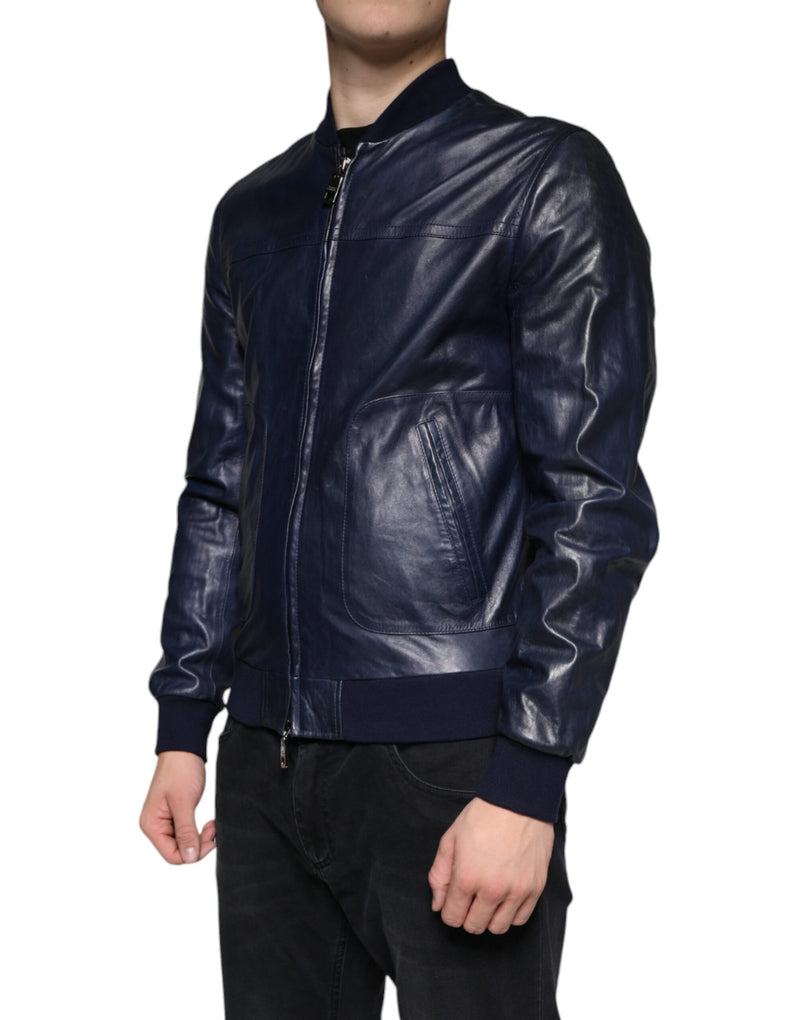 Blue Lambskin Leather Full Zip Biker Jacket Dolce & Gabbana