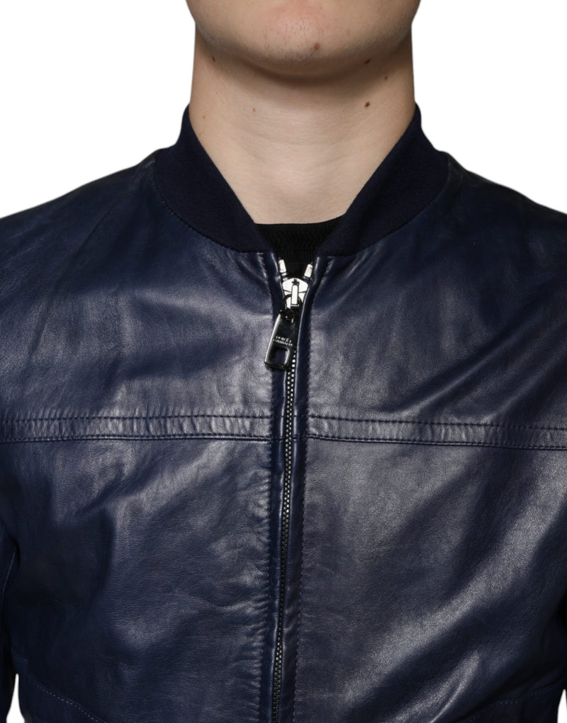 Blue Lambskin Leather Full Zip Biker Jacket Dolce & Gabbana