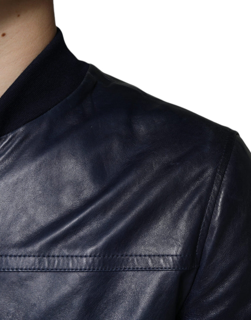 Blue Lambskin Leather Full Zip Biker Jacket Dolce & Gabbana