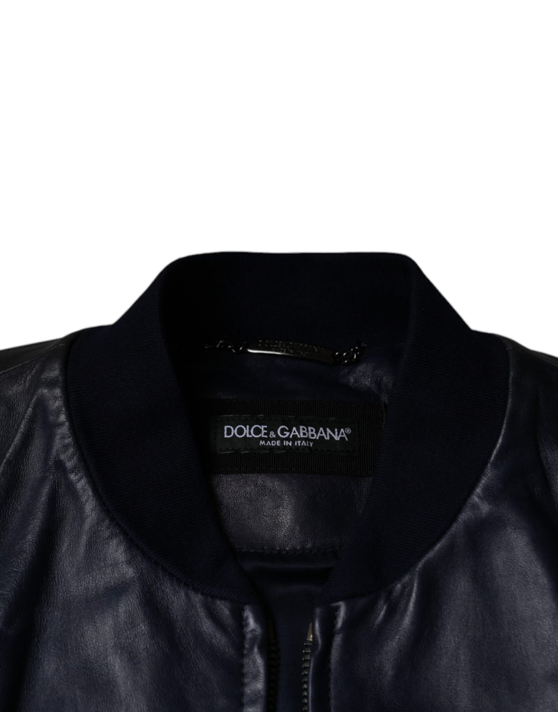 Blue Lambskin Leather Full Zip Biker Jacket Dolce & Gabbana