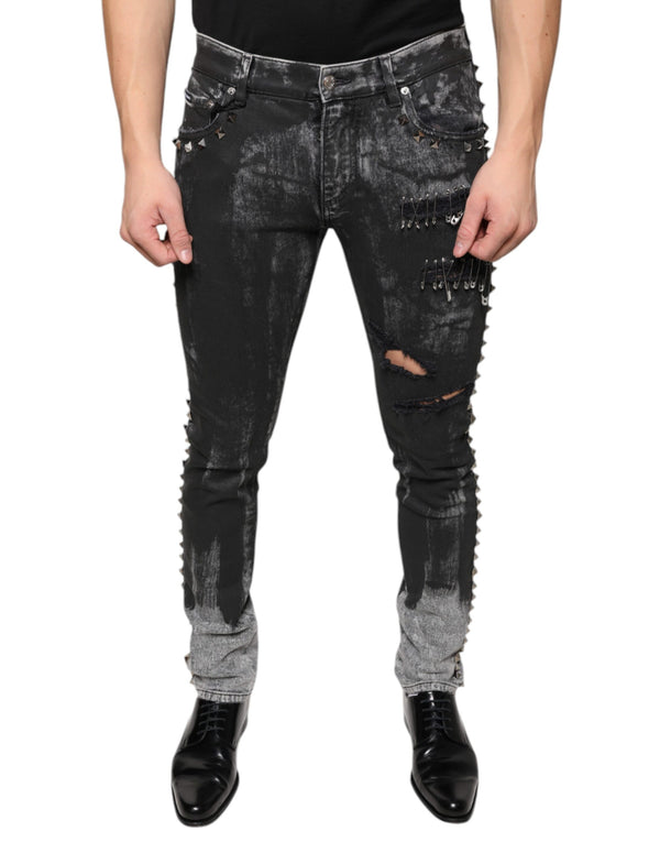 Black Embellished Cotton Skinny Denim Jeans Dolce & Gabbana