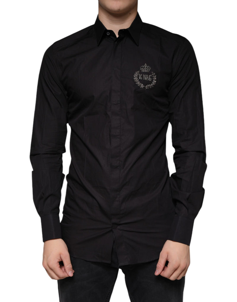 Black King Crown Embroidered GOLD Dress Shirt Dolce & Gabbana